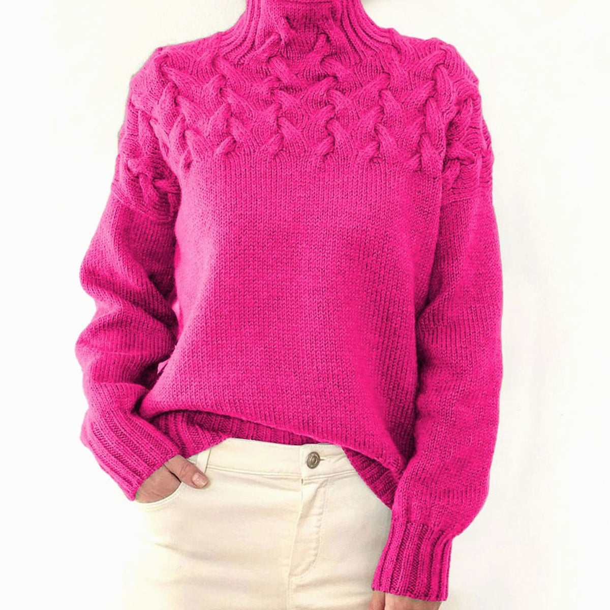 Damen Rollkragen-Strickpullover mit Zopfmuster Oversized - Rosa