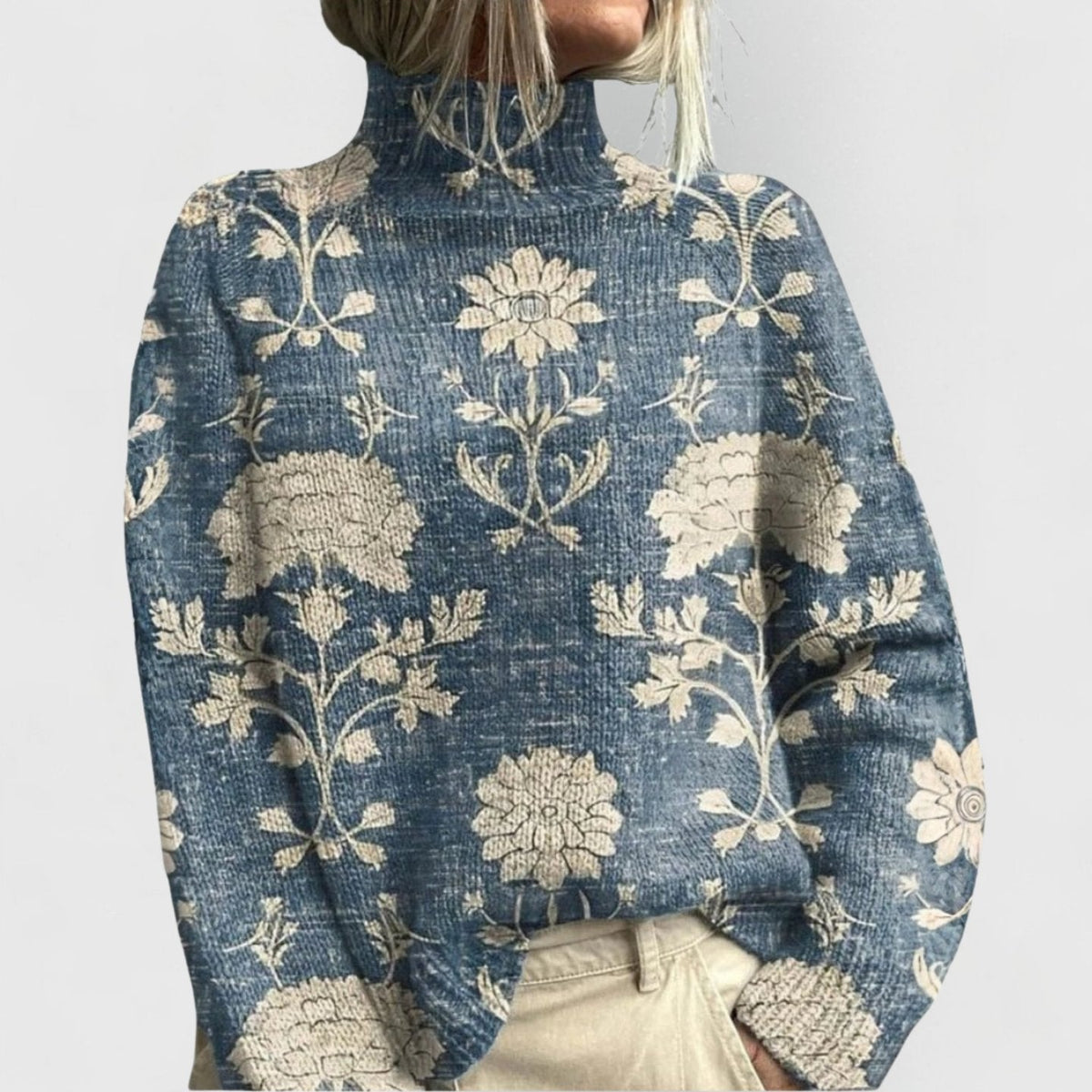Damen Rollkragenpullover mit Blumenmuster Relaxed-Fit Strickpullover - Light Blue