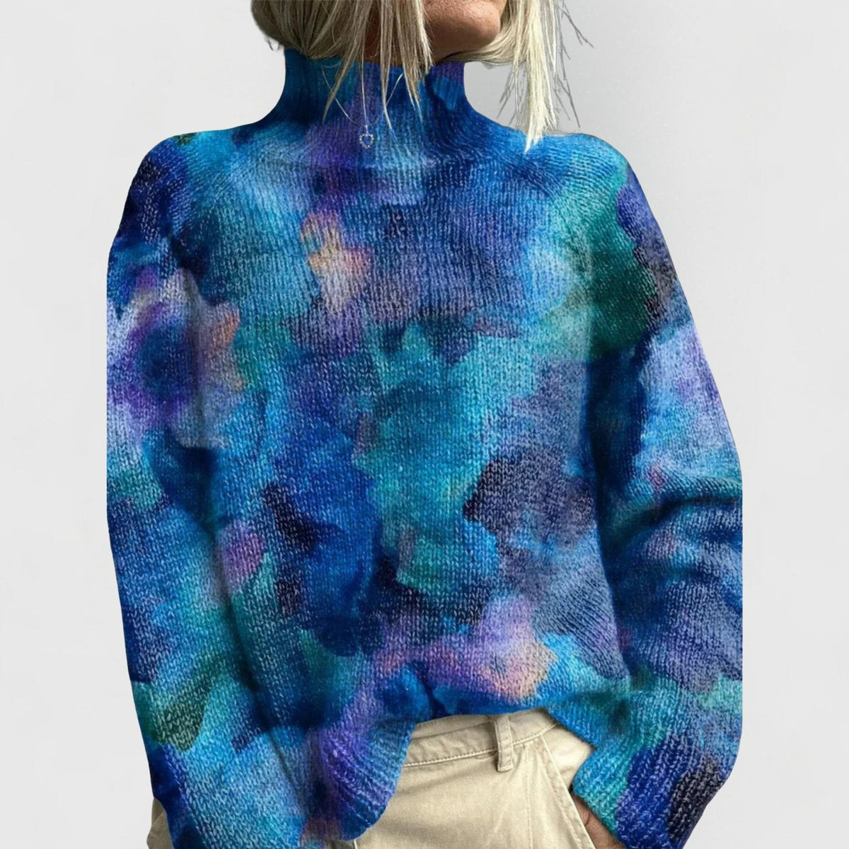 Damen Rollkragenpullover mit Blumenmuster Relaxed-Fit Strickpullover - Blue