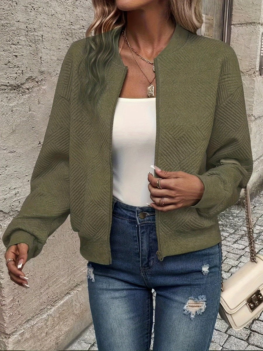 Damen Steppjacke leichte Zip-Up Bomberjacke strukturierter Stoff - Olivgrün