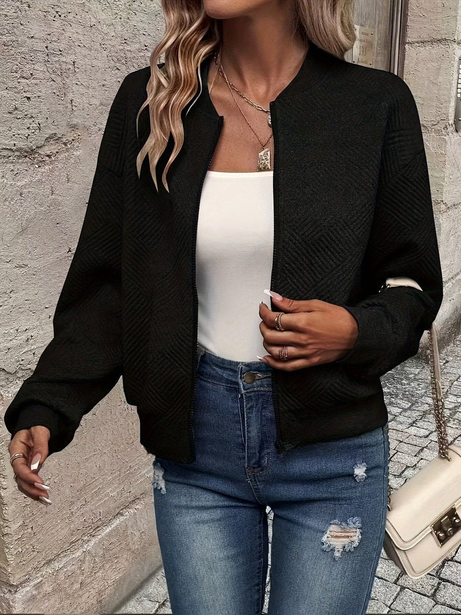 Damen Steppjacke leichte Zip-Up Bomberjacke strukturierter Stoff - Schwarz