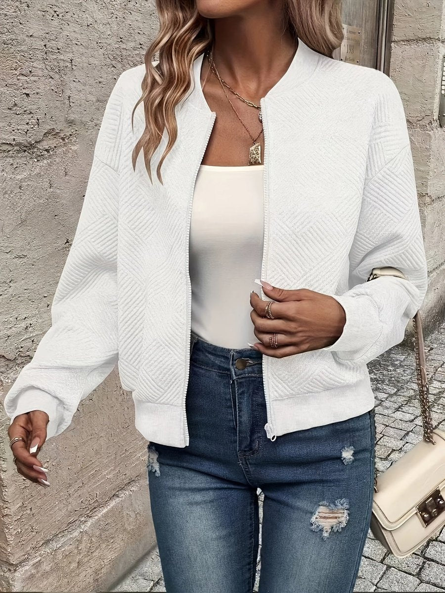 Damen Steppjacke leichte Zip-Up Bomberjacke strukturierter Stoff - Weiß