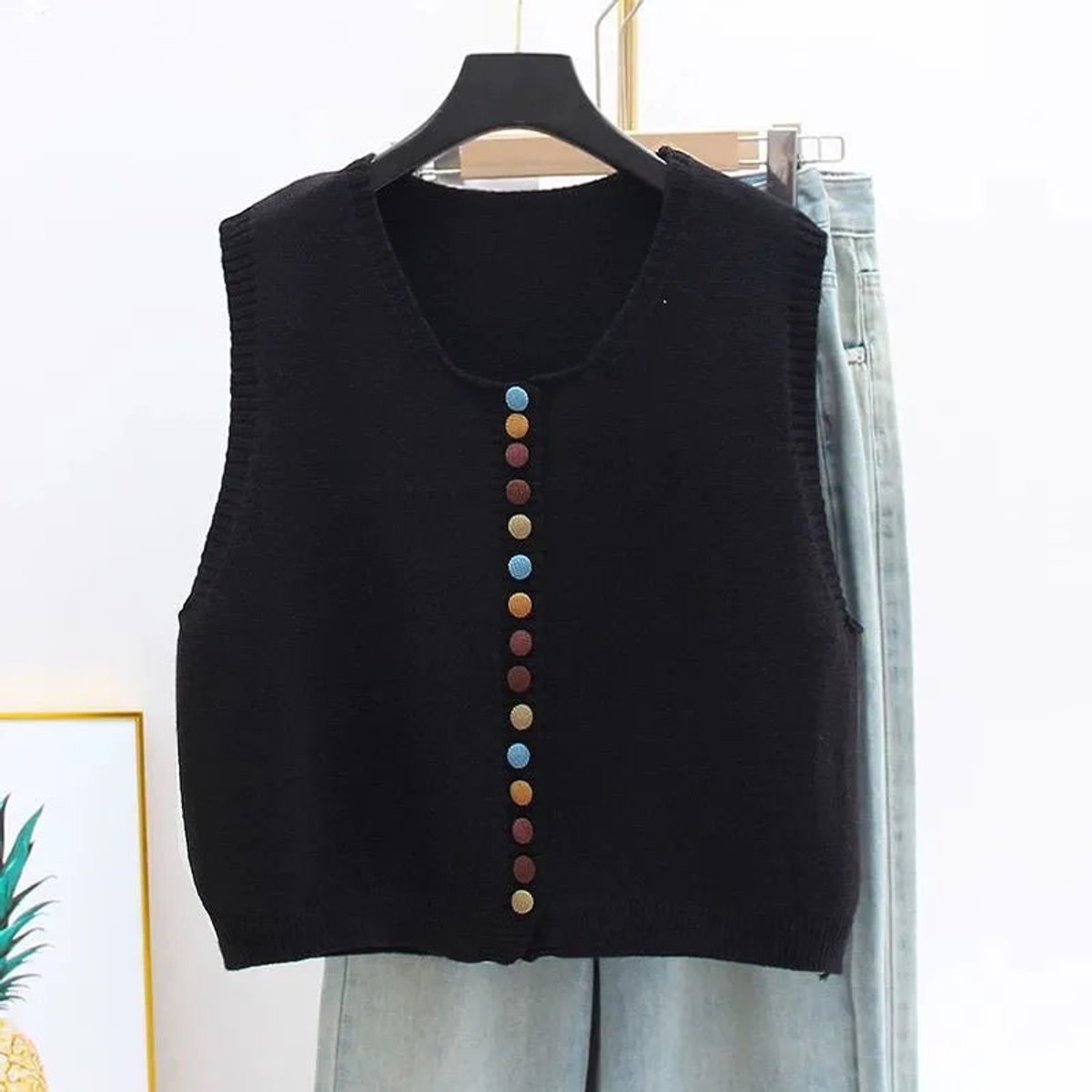 Damen Strickweste Ärmelloser Pullover Weste Bunte Knöpfe - Schwarz