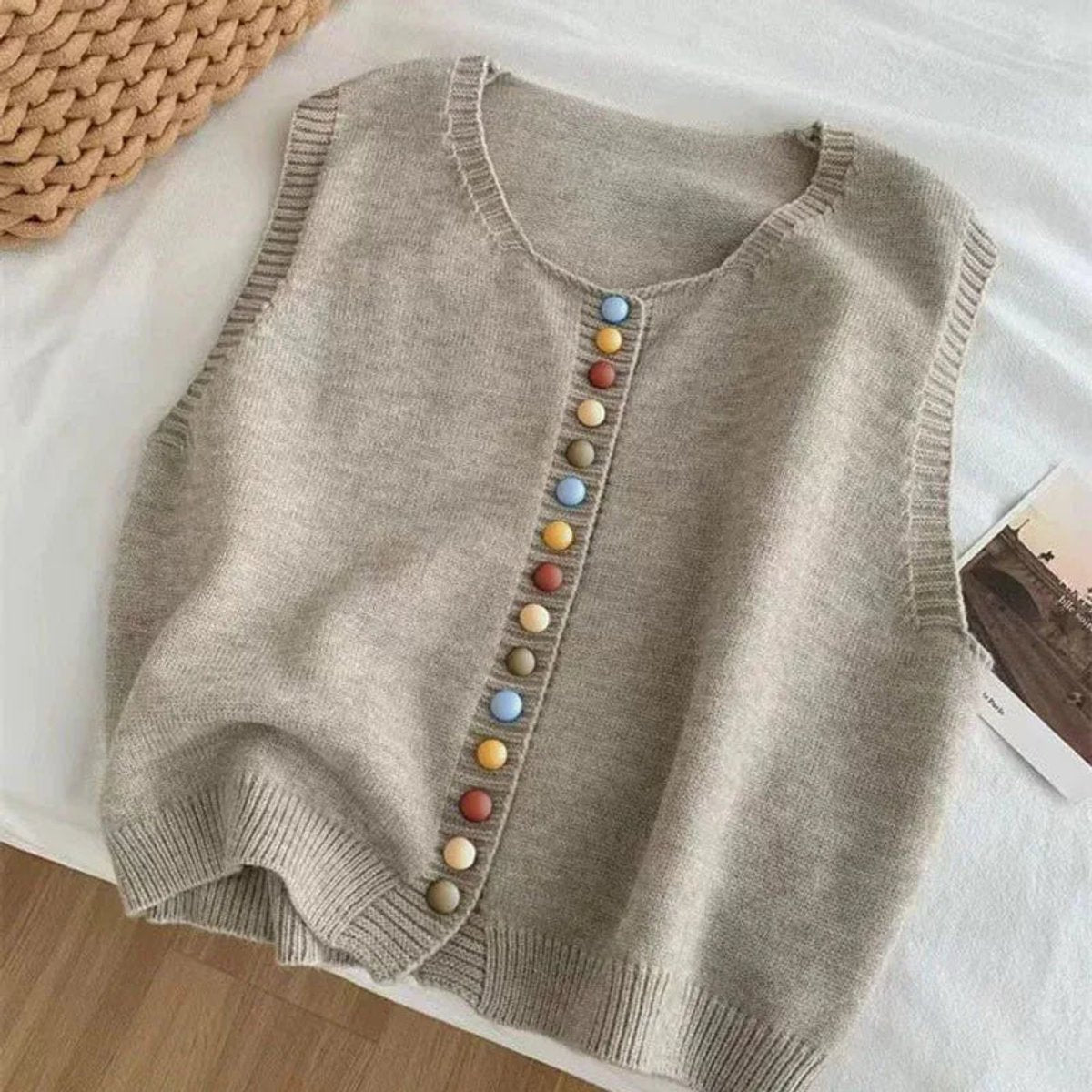 Damen Strickweste Ärmelloser Pullover Weste Bunte Knöpfe - Aprikose