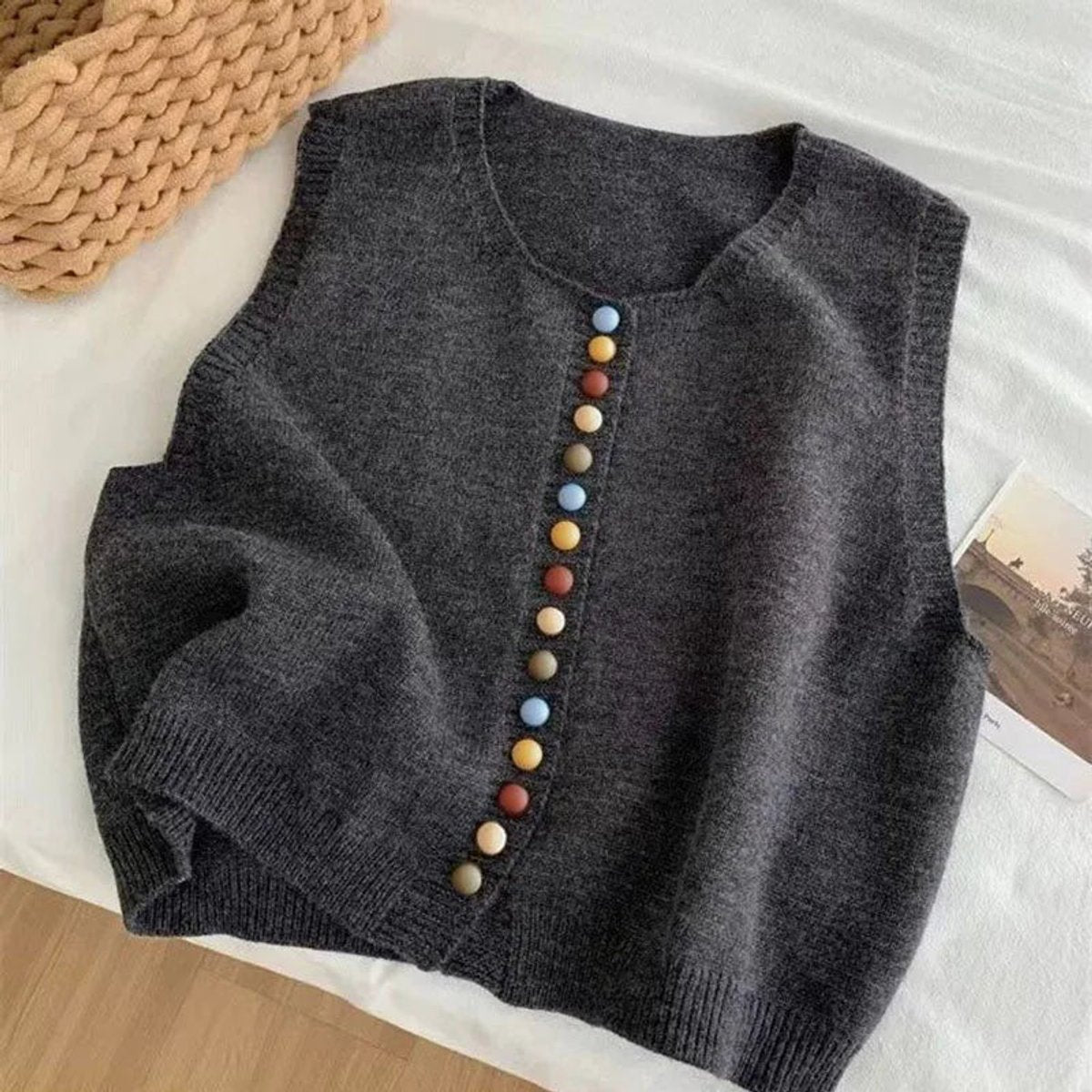 Damen Strickweste Ärmelloser Pullover Weste Bunte Knöpfe - Grau