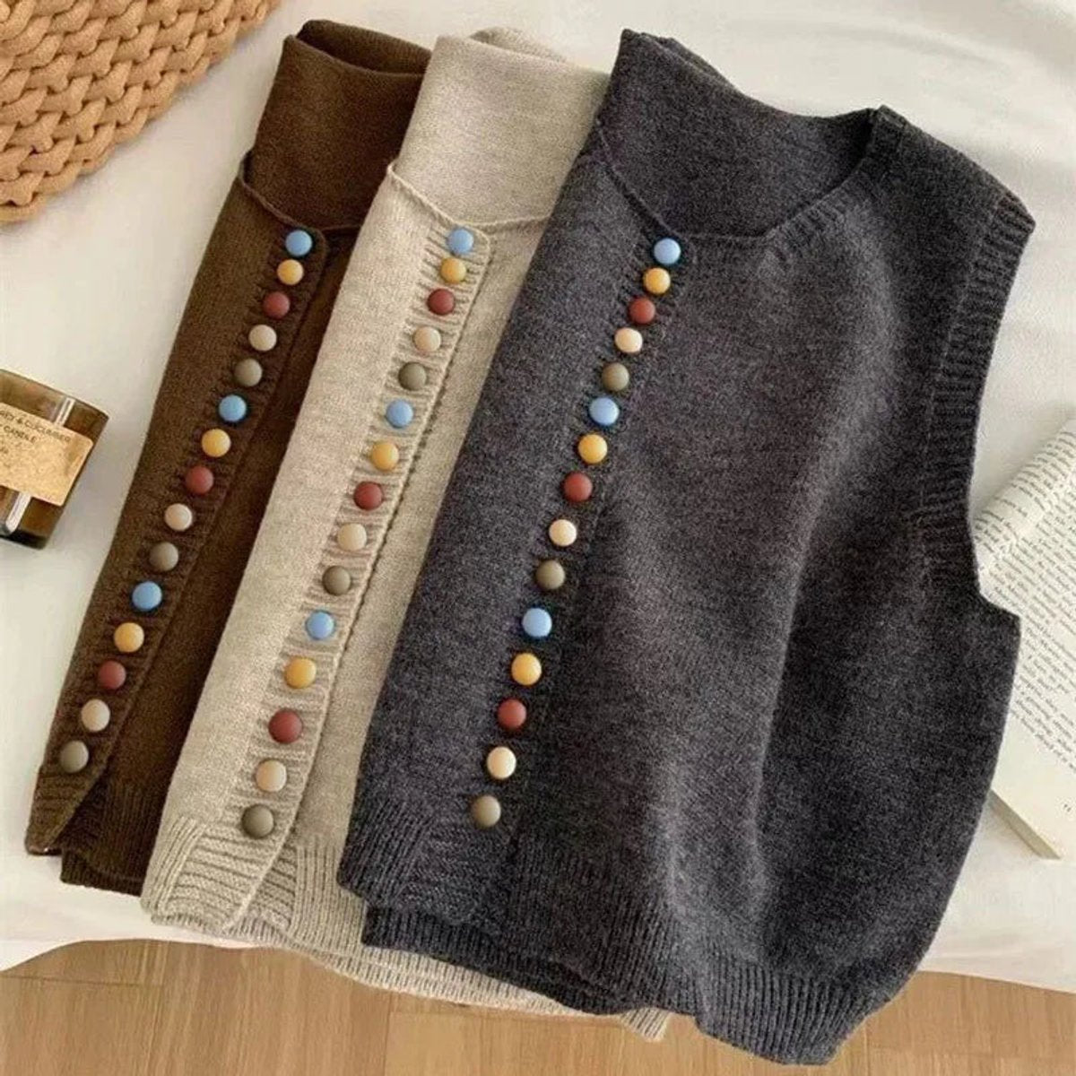 Damen Strickweste Ärmelloser Pullover Weste Bunte Knöpfe
