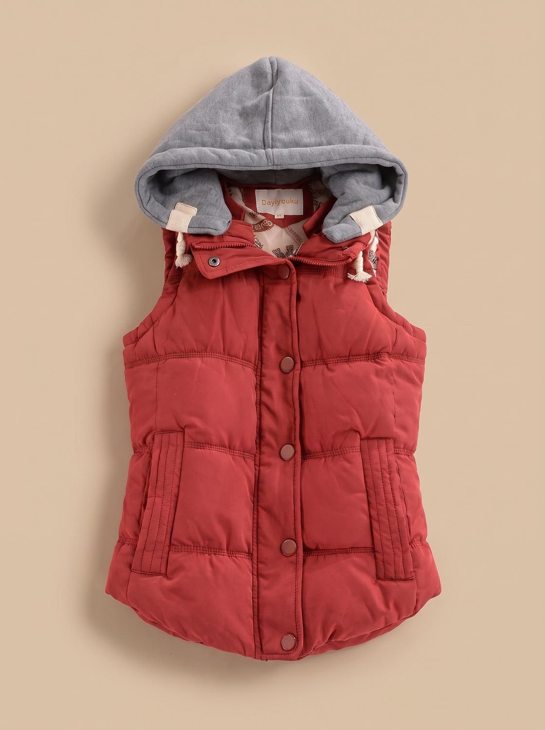 Damen Wattierter Bodywarmer mit Kontrastkapuze Druckknopfleiste - Weinrot
