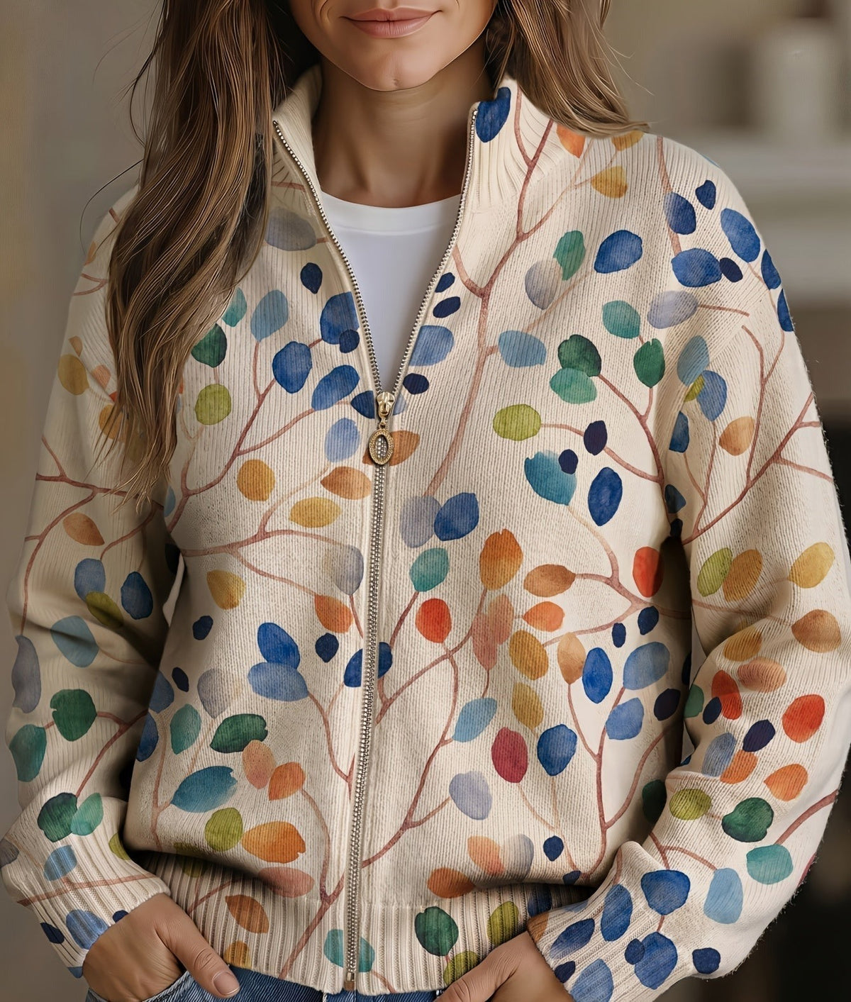 Strickjacke Damen | Reißverschluss & Pflanzenmuster 1