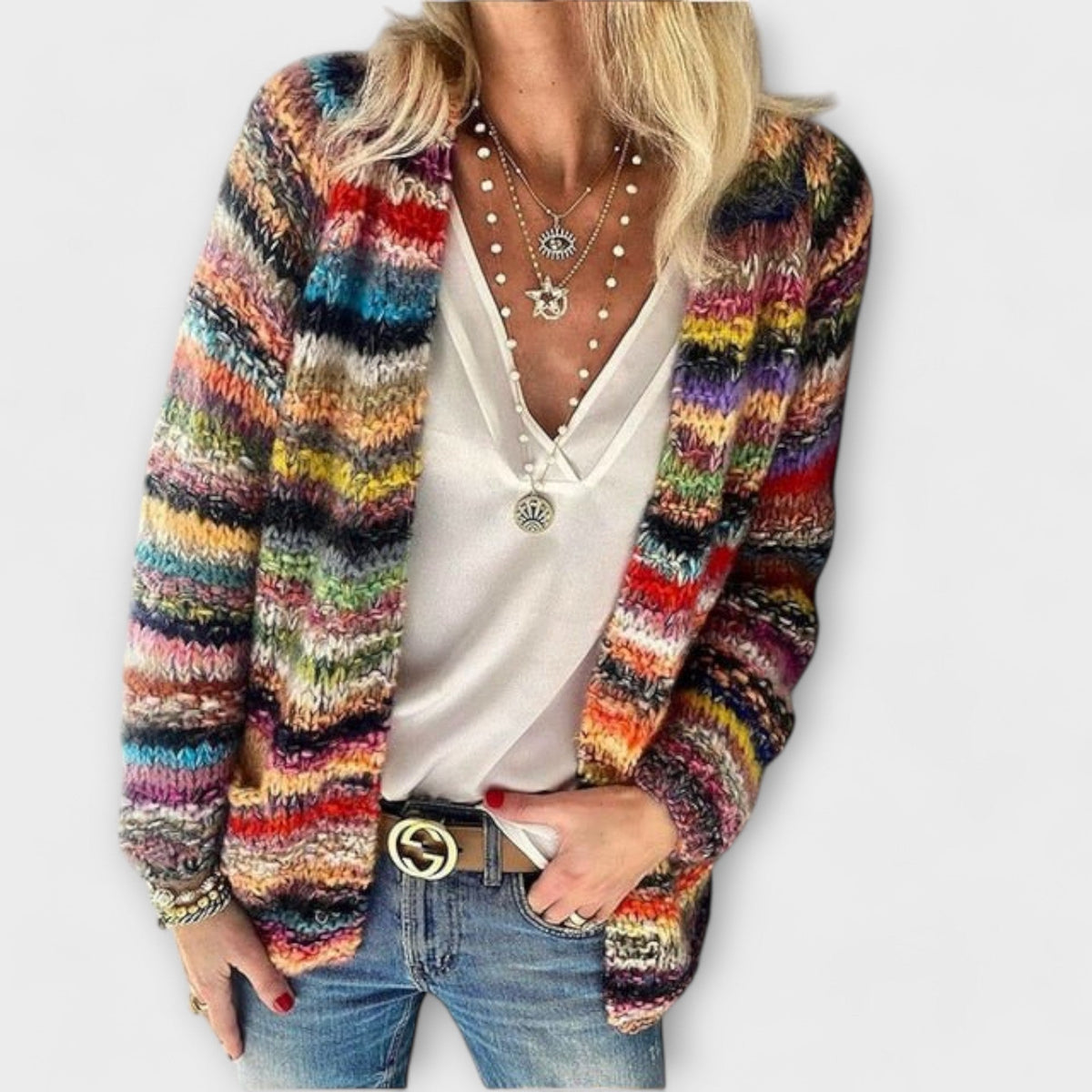 Strickjacke Damen | Offenes Design & Gestreifter Look 1