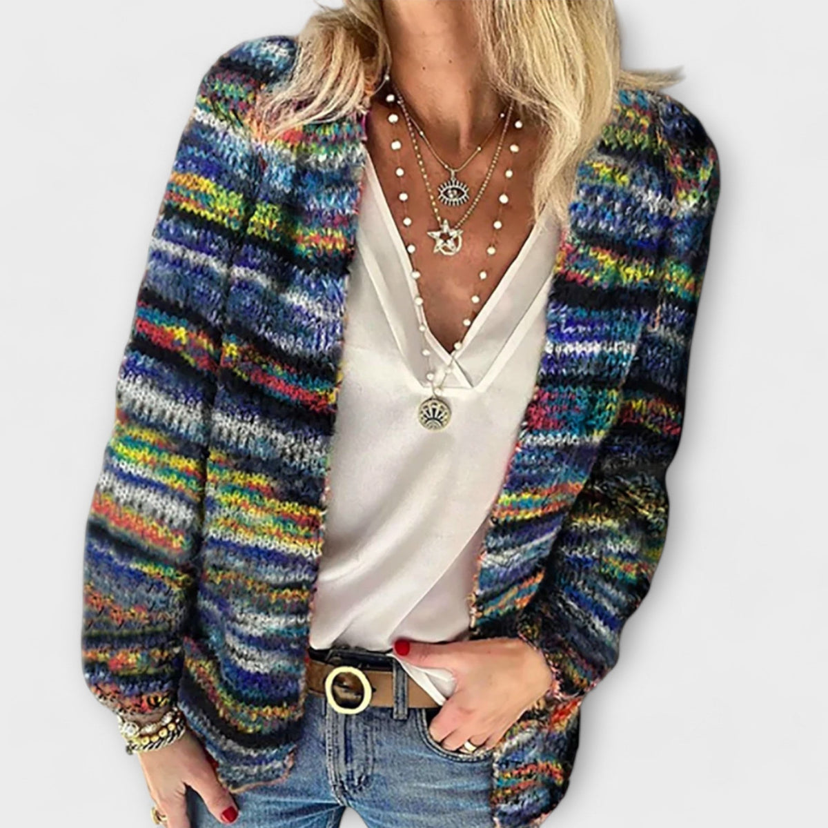 Strickjacke Damen | Offenes Design & Gestreifter Look 2