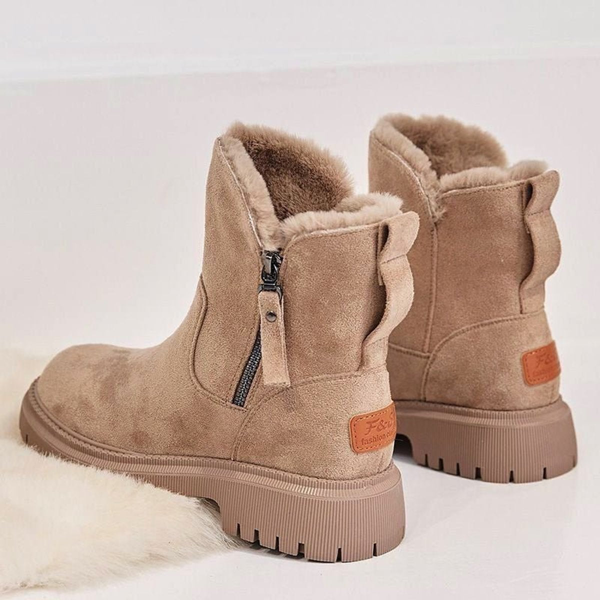 Stiefeletten Damen Gefütterte Wildleder-Ankle-Boots Reißverschluss - Aprikose