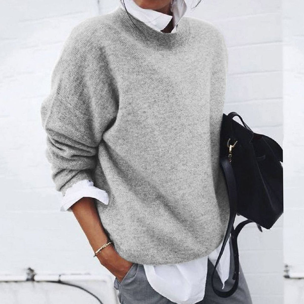 Wollpullover für Damen Oversized Rundhals Strickpullover - Grau