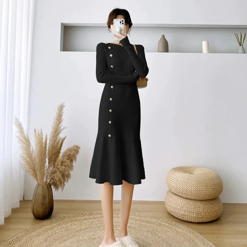 Lozenda - Damen Strickkleid mit seitlichen Knöpfen und Rüschen