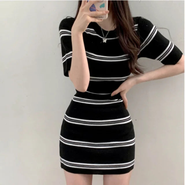 Lozenda - Gestreiftes Kleid Koreanisch Chic