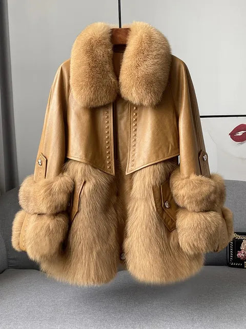 Lozenda - Luxusmantel aus echtem Leder mit großem Fuchspelzkragen für Damen