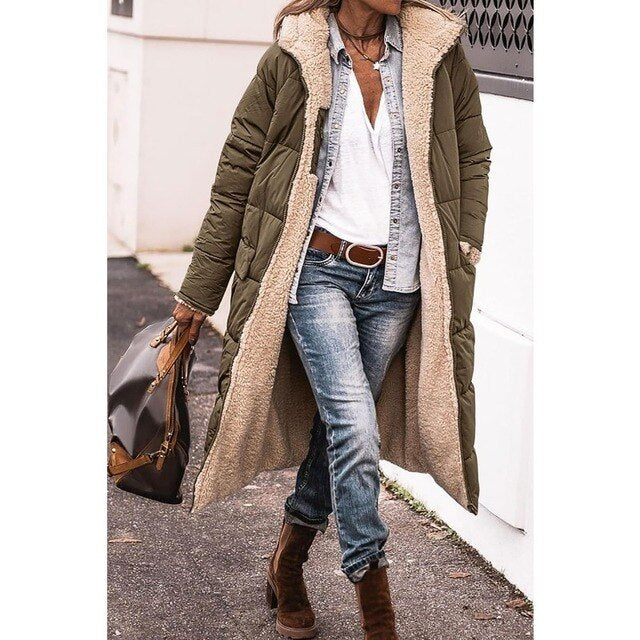 Lozenda - Reversible Sherpa Fleece lange Puffermäntel mit Kapuze Oberbekleidung