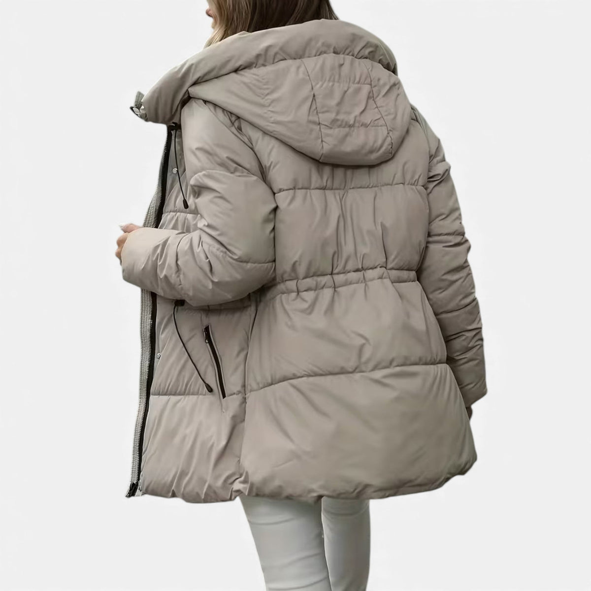 Damen Lange Daunenjacke mit Kapuze und verstellbarem Kordelzug von J&B - 3 - Annoboutique