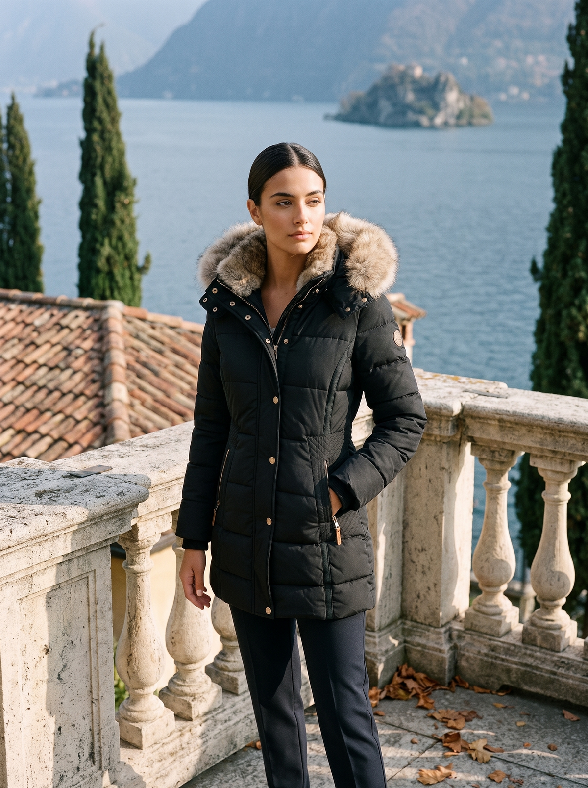 Damen Daunenjacke mit abnehmbarer Fellkapuze und figurbetonter Silhouette - J&B - 2 - Annoboutique