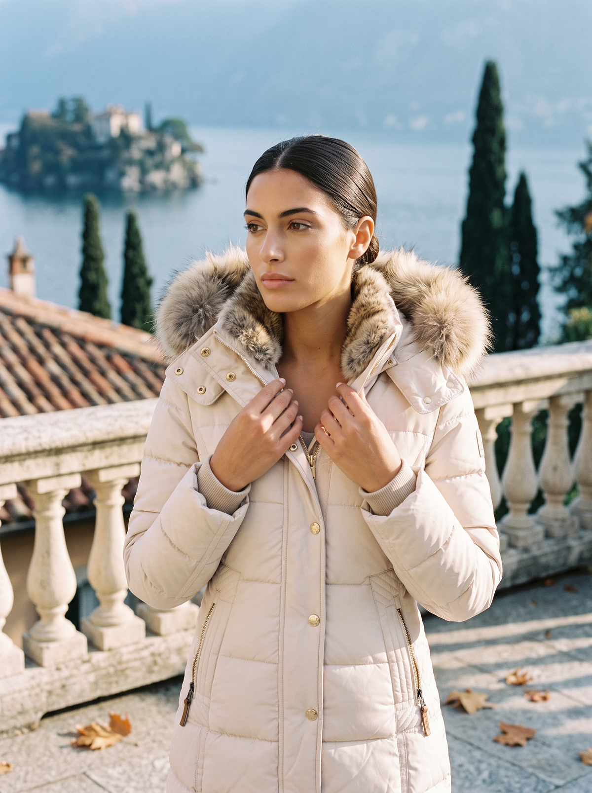 Damen Daunenjacke mit abnehmbarer Fellkapuze und figurbetonter Silhouette - J&B - 9 - Annoboutique