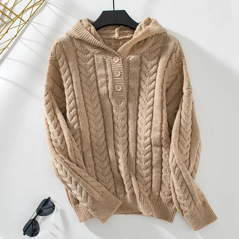 Damen-Hoodie aus Strick mit Knopf-Ausschnitt und lässiger Passform - J&B - 3 - Annoboutique