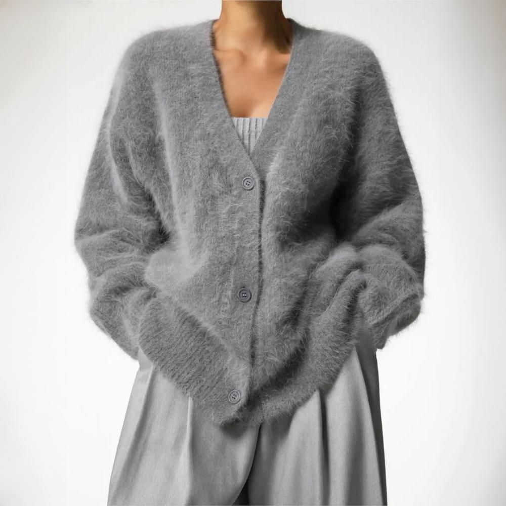 Damen Cardigan im Oversize-Design mit V-Ausschnitt und Knopfdetails | A&B - 6 - Annoboutique