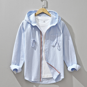 Men's hooded shirt with drawstring, button placket, long sleeves, and striped trim