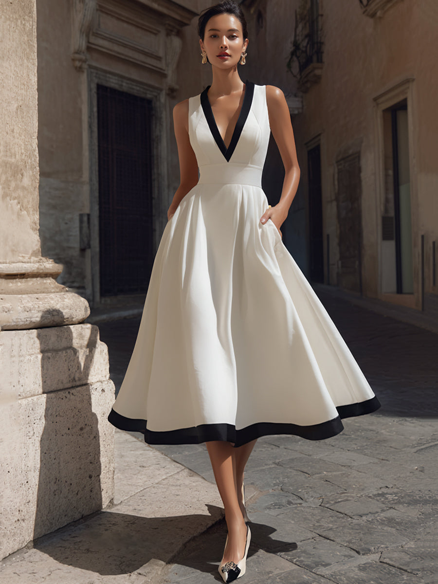Adorine - Elegantes Midi-Kleid mit V-Ausschnitt, A-Linie, Kontrastbesatz und Taschen 0