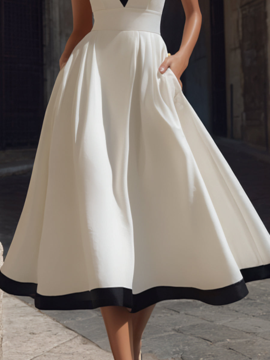 Adorine - Elegantes Midi-Kleid mit V-Ausschnitt, A-Linie, Kontrastbesatz und Taschen 3