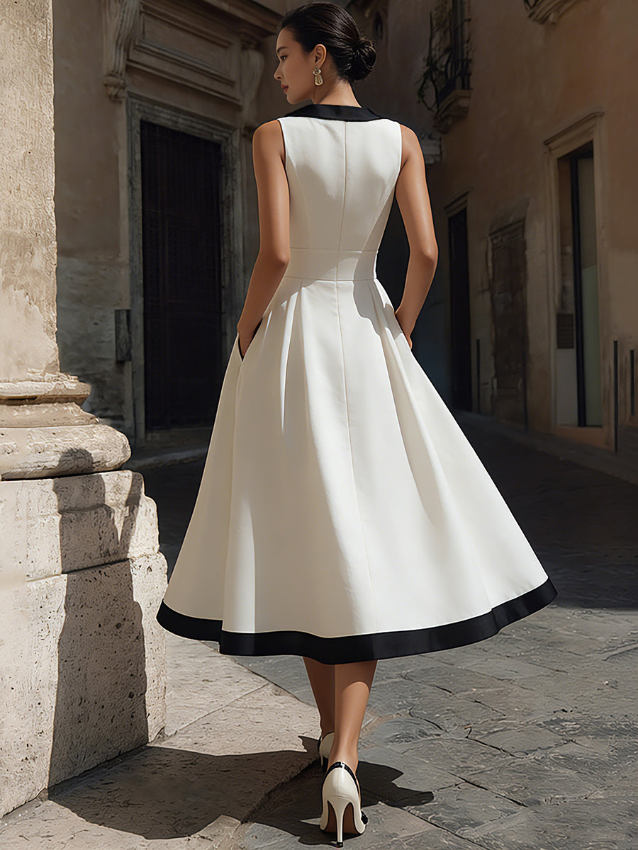 Adorine - Elegantes Midi-Kleid mit V-Ausschnitt, A-Linie, Kontrastbesatz und Taschen 5