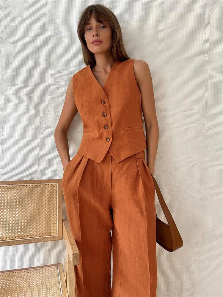 Annika | Damen Leinen Zweiteiler Westen-Set mit weiten Plissee-Hosen 0