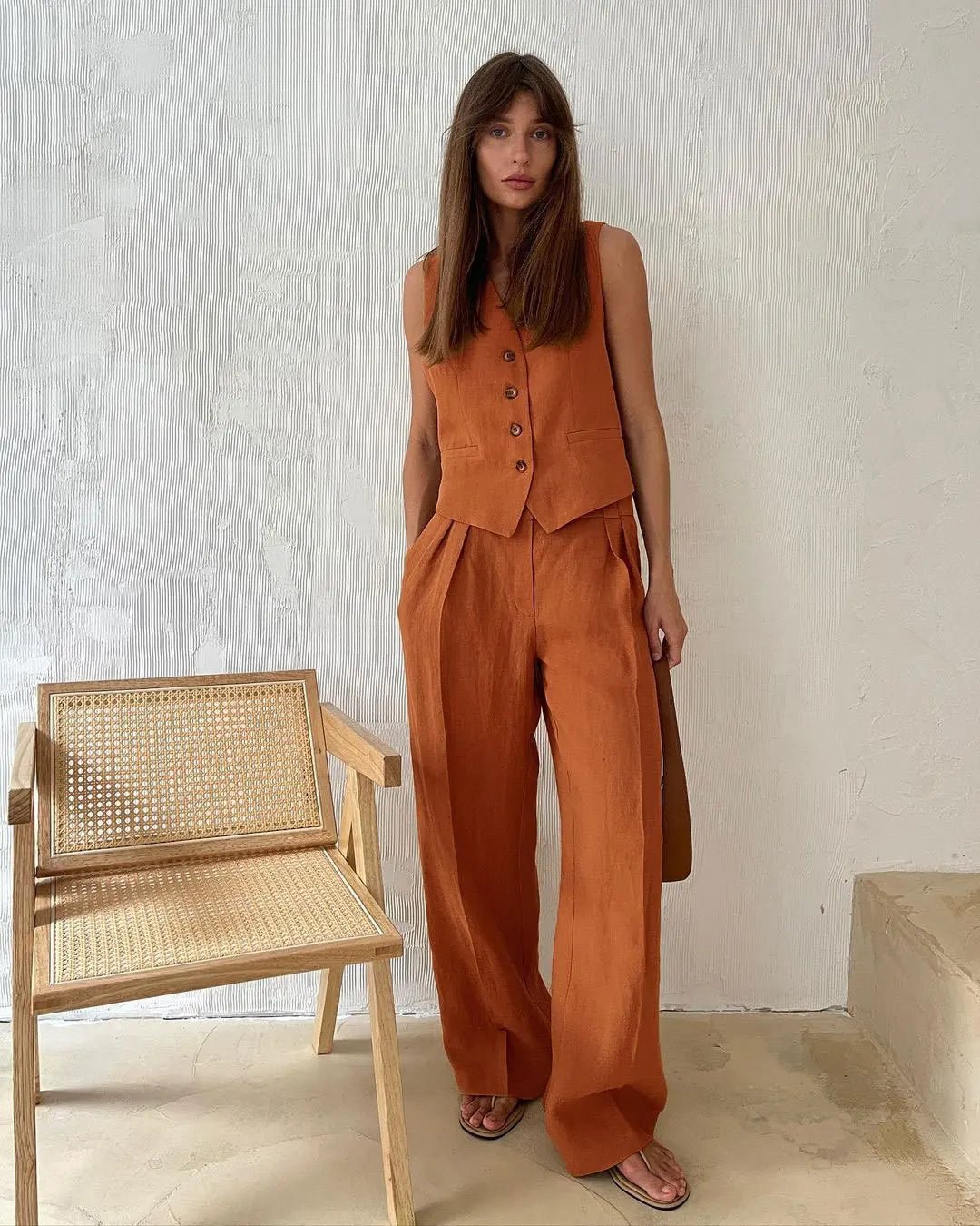 Annika | Damen Leinen Zweiteiler Westen-Set mit weiten Plissee-Hosen 4