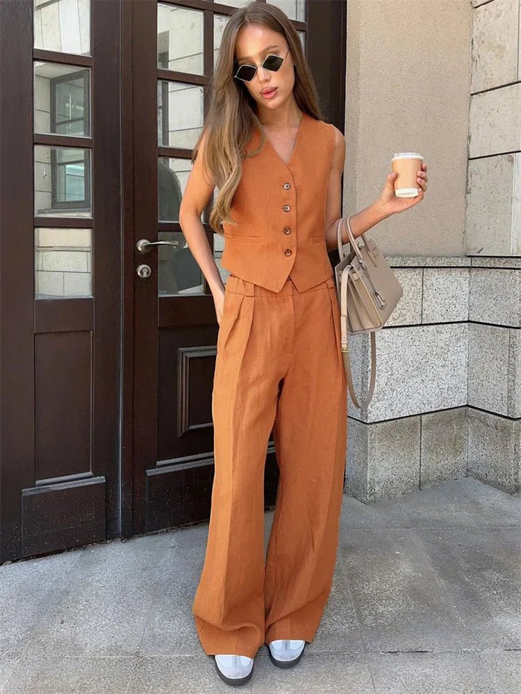 Annika | Damen Leinen Zweiteiler Westen-Set mit weiten Plissee-Hosen 5