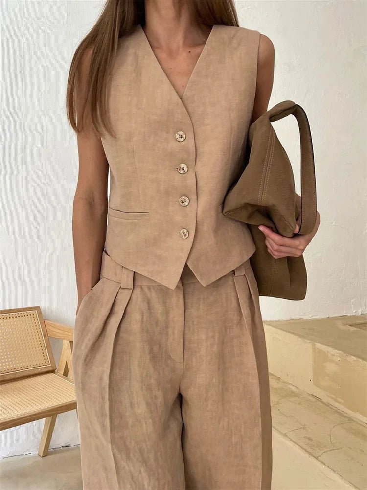 Annika | Damen Leinen Zweiteiler Westen-Set mit weiten Plissee-Hosen 6