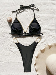 Ensemble bikini femme, haut triangle, bretelles ornées de perles, détail anneau doré, noir