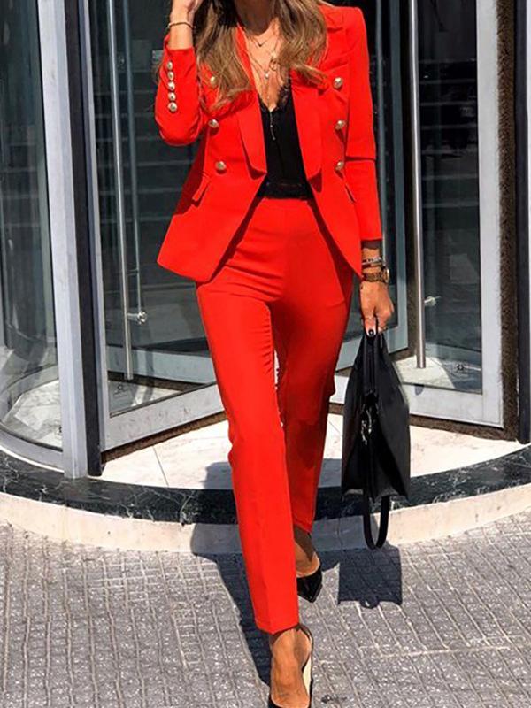 zweiteilige Kombination aus zweireihigem Blazer und eleganter Hose für Damen 0