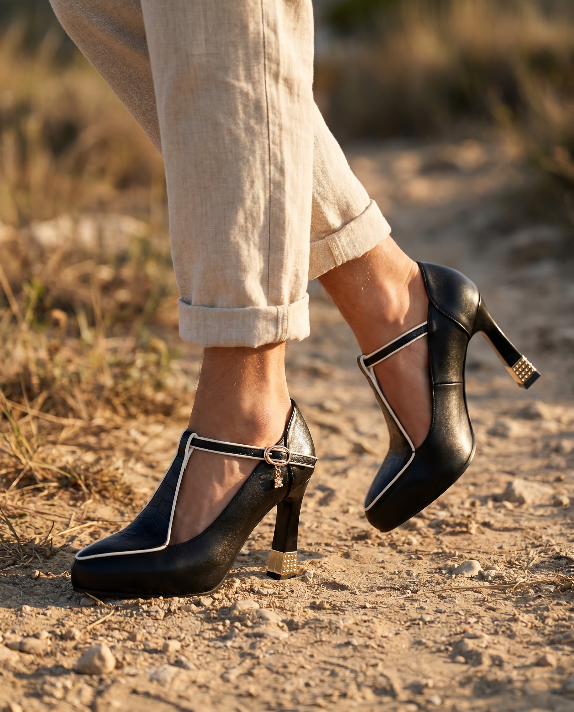 Blockabsatz Pumps Damen | T-Riemen & Croco-Design