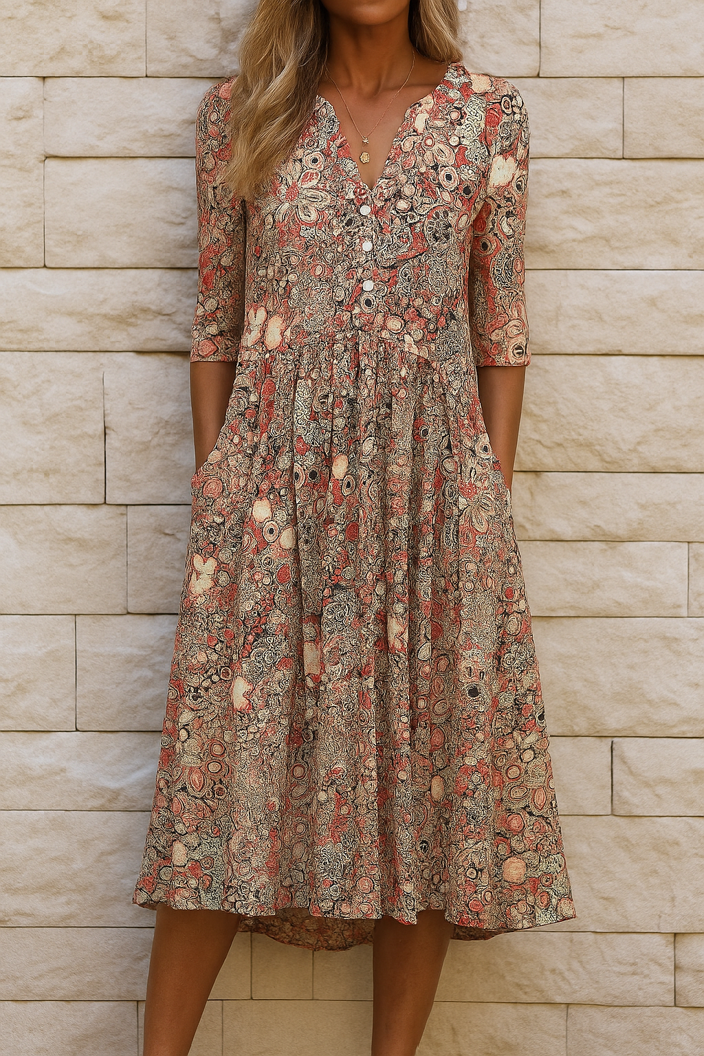 Blumen Midi Kleid Damen | Romantisches Sommerkleid mit Knopfleiste