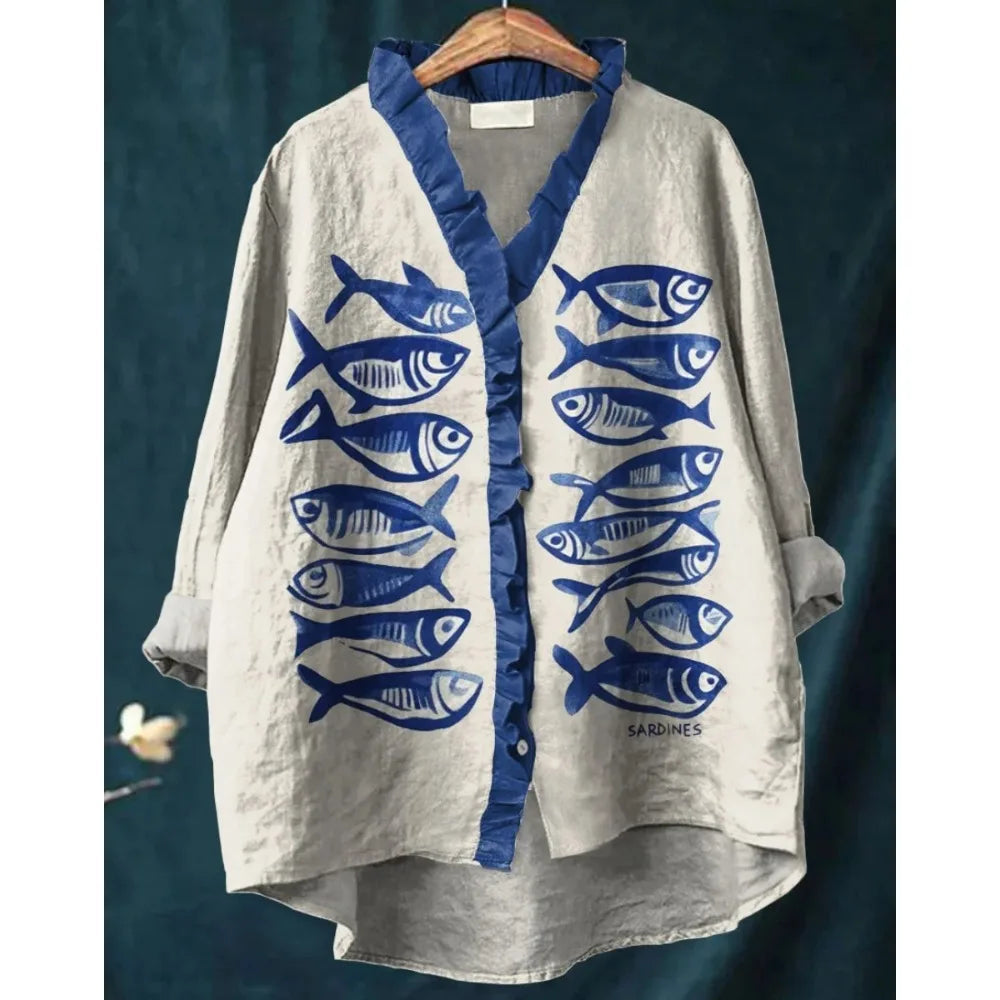 Bluse Damen | Boho Fisch-Print & Rüschenbesatz