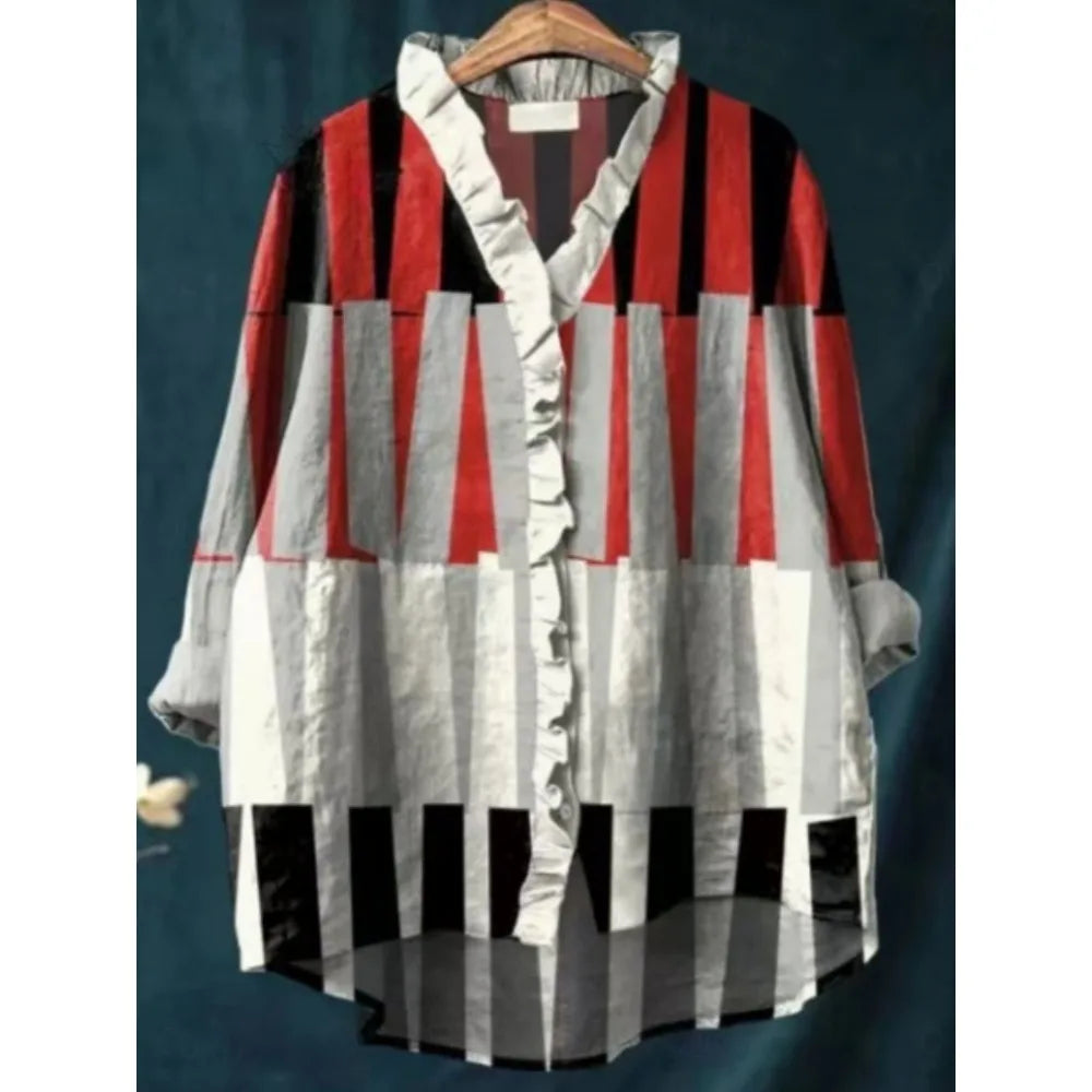 Bluse Damen | Boho Fisch-Print & Rüschenbesatz