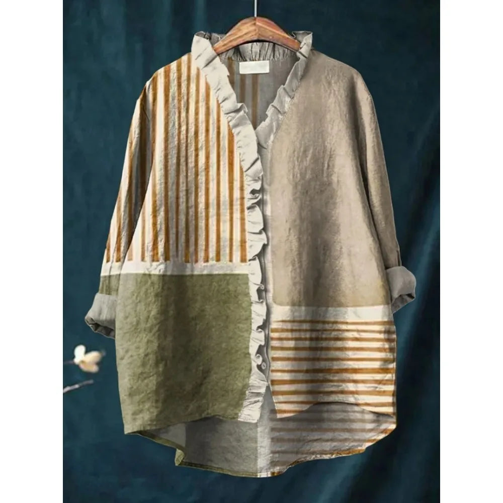Bluse Damen | Boho Fisch-Print & Rüschenbesatz