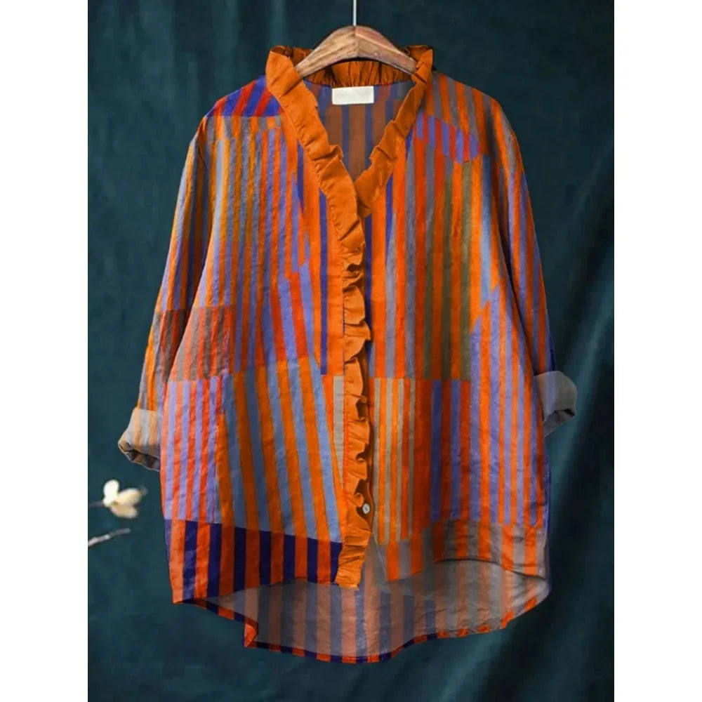 Bluse Damen | Boho Fisch-Print & Rüschenbesatz
