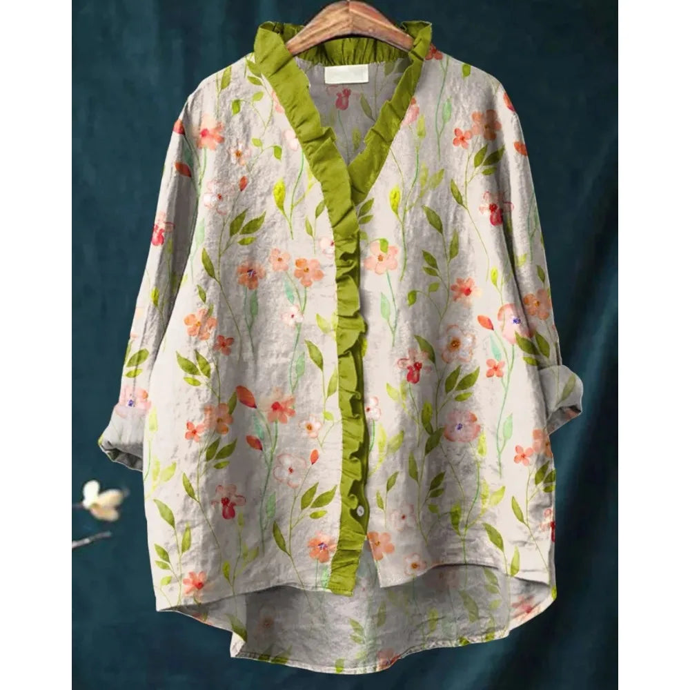 Bluse Damen | Boho Fisch-Print & Rüschenbesatz