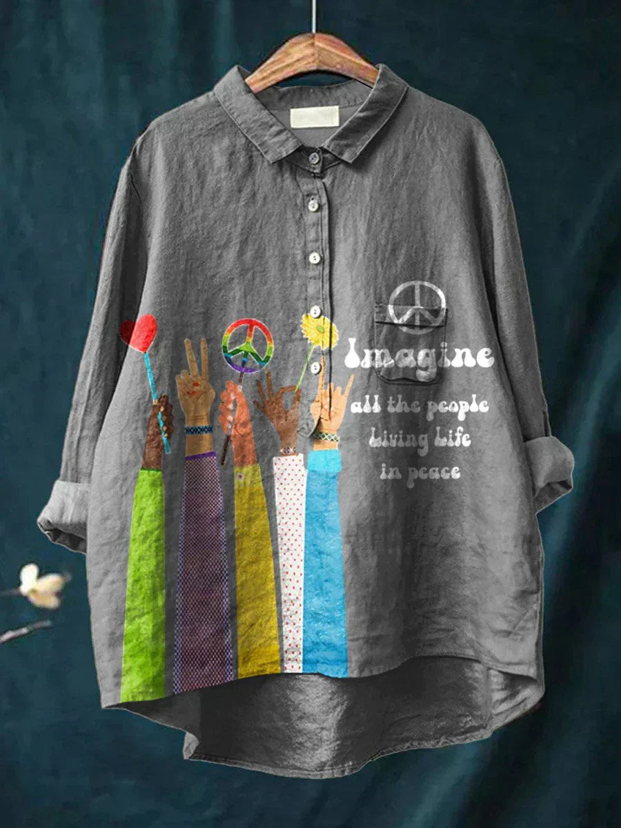 Bluse Damen | Boho-Print Hemdbluse mit Peace-Symbol & Tie-Dye-Design