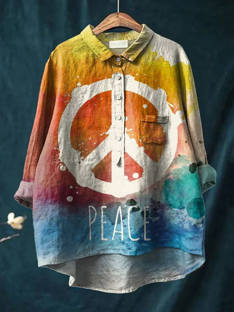 Bluse Damen | Boho-Print Hemdbluse mit Peace-Symbol & Tie-Dye-Design