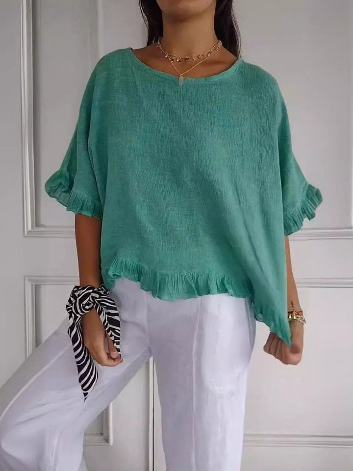 Bluse Damen | Casual Elegant mit Rüschensaum & Rundhals