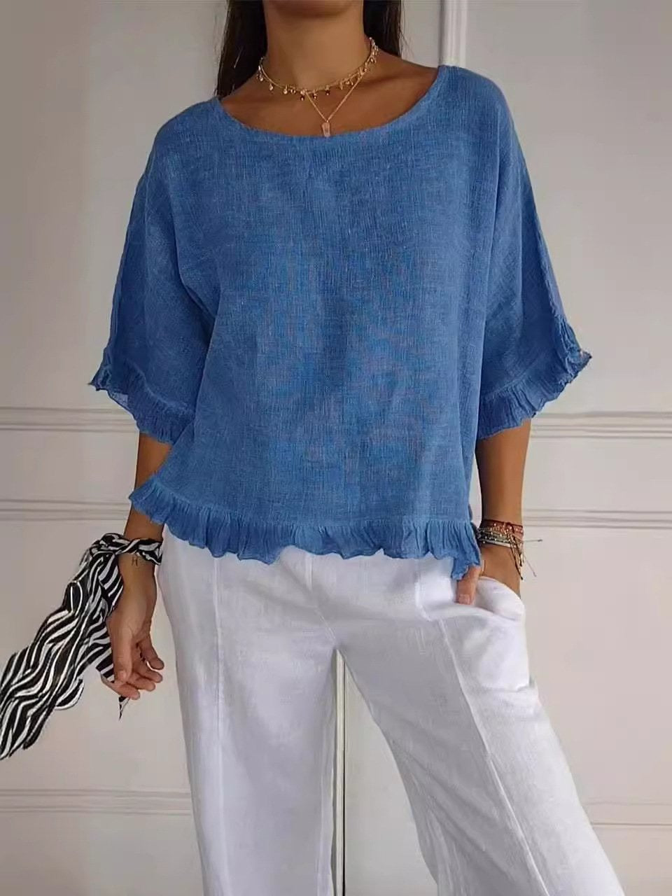 Bluse Damen | Casual Elegant mit Rüschensaum & Rundhals