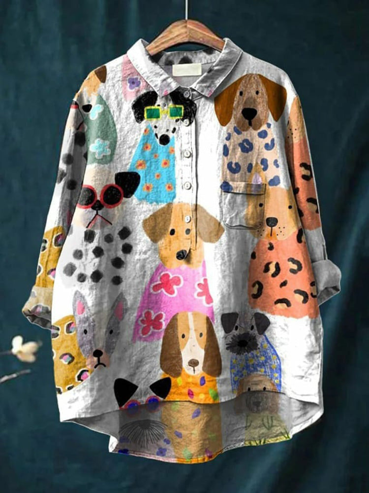 Bluse Damen | Oversize Hemdbluse mit Buntem Hunde-Kunstdruck