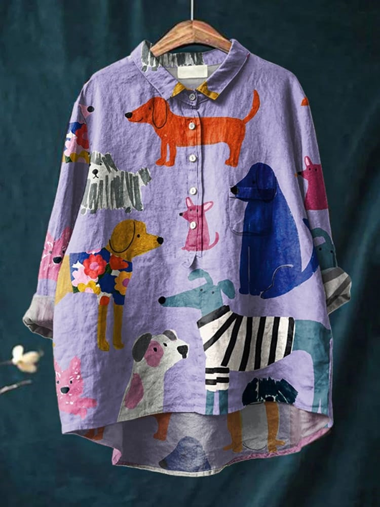Bluse Damen | Oversize Hemdbluse mit Buntem Hunde-Kunstdruck