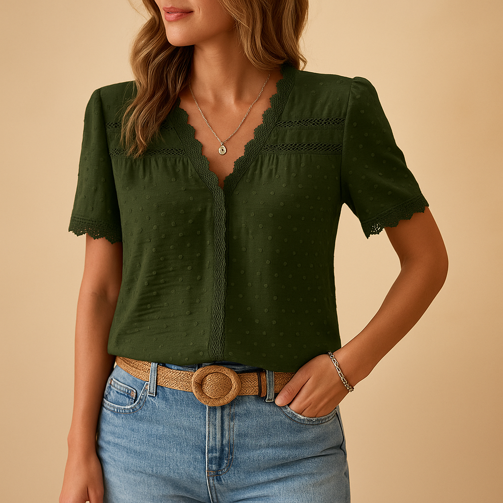 Bluse Damen | Spitzendetails & V-Ausschnitt Kurzarm