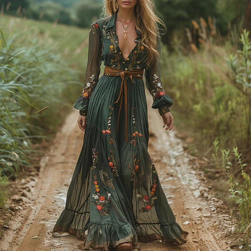 Bohemian Besticktes V-Ausschnitt Maxikleid für Damen 0